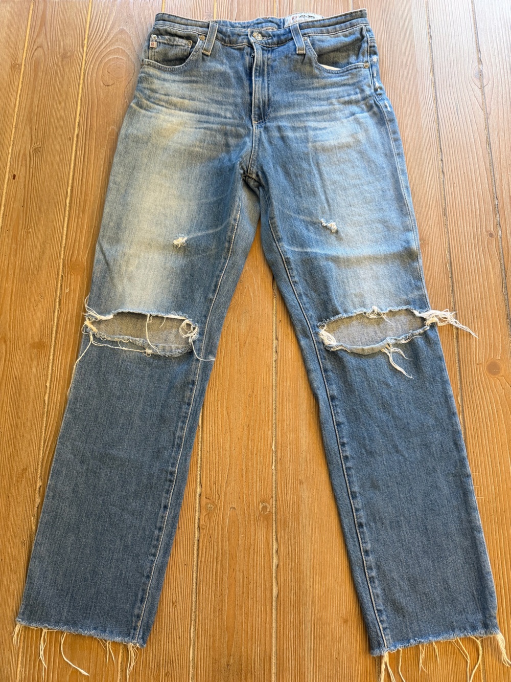 Ag Adriano Goldschmied Mid-Blue Raw-Hem Cropped Jeans